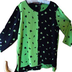 Ali Miles Women's XL Lime/Black Color Block Crinkle Emb. Leaf Hi/Lo Top Artsy